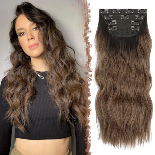 FESHFEN Clip in Extensions, 4PCS Haarverlängerungen mit Clips Synthetik Gewellte Haarextension Ombre Braun Wavy Wellig Haar Extensions Clip in Haarteil für Frauen 50 cm von FESHFEN