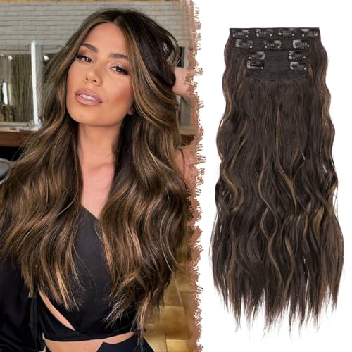 FESHFEN Clip in Extensions, 4PCS Haarverlängerungen mit Clips Synthetik Gewellte Haarextension Schwarz Braun Gemischt Hellbraun Wavy Wellig Haar Extensions Clip in Haarteil für Frauen 50 cm von FESHFEN