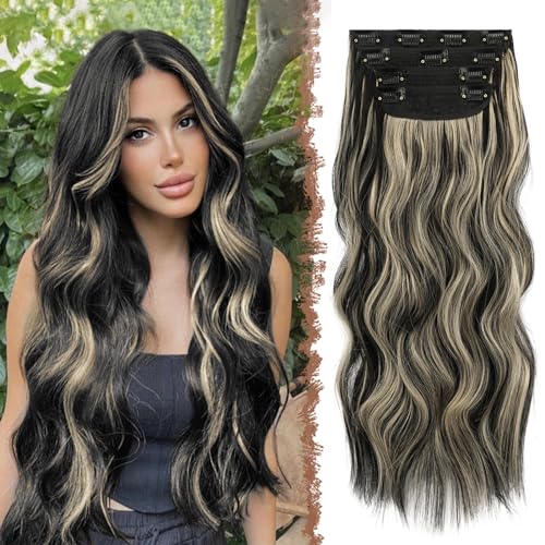 FESHFEN Clip-in-Haarverlängerung, 4 Stück, dickes Haarteil, lang, gewellt, Clip-in-Haarverlängerung, voller Kopf, Kunsthaarverlängerung für Damen, 50,8 cm, Schwarz mit blonden Strähnen von FESHFEN