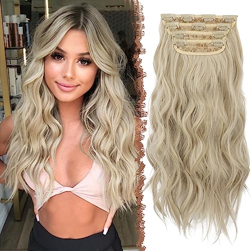 FESHFEN Clip in Extensions, 4PCS Haarverlängerungen mit Clips Synthetik Gewellte Haarextension Wavy Wellig Haar Extensions Clip in Haarteil für Frauen 50 cm, Hellbeige Blond Mix Creme Blond von FESHFEN