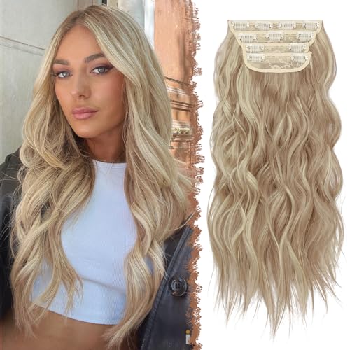 FESHFEN Clip in Extensions, 4PCS Haarverlängerungen mit Clips Synthetik Gewellte Haarextension Karamellbraun Gemischt Beige Blond Wavy Wellig Haar Extensions Clip in Haarteil für Frauen 50 cm von FESHFEN