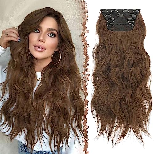 FESHFEN Clip in Extensions, 4PCS Haarverlängerungen mit Clips Synthetik Gewellte Haarextension Wavy Wellig Haar Extensions Clip in Haarteil für Frauen Kupfer Kastanienbraun 50 cm von FESHFEN