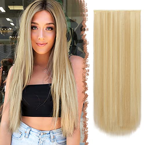 FESHFEN Clip in Extensions, 4PCS Haarverlängerungen mit Clips Synthetik Glatt HaarextensionLang Haar Extensions Dunkelgoldene Mix Beigeblond Clip in Haarteil für Damen 50 cm von FESHFEN