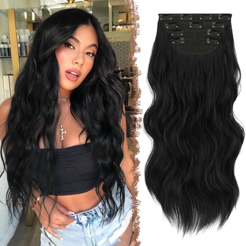FESHFEN Clip in Extensions, 4PCS Schwarz Haarverlängerungen mit Clips Kunsthaar Synthetik Gewellte Haarextension Wavy Haar Extensions Clip in Haarteil für Frauen, 50 cm FESHFEN Clip in Extensions, 4PCS Schwarz Haarverlängerungen mit Clips Kunsthaar Synthetik Gewellte Haarextension Wavy Haar Extensions Clip in Haarteil für Frauen, 50 cm von FESHFEN