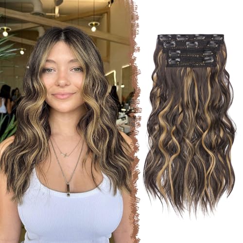 FESHFEN Clip in Extensions, 4PCs Lang Wellig Haarverlängerungen mit Clips Synthetik Gewellt Schokoladenbraun hervorgehoben Karamellblond Haarextension Haar Extensions Clip in Haarteil für Damen 40 cm FESHFEN Clip in Extensions, 4PCs Lang Wellig Haarverlängerungen mit Clips Synthetik Gewellt Schokoladenbraun hervorgehoben Karamellblond Haarextension Haar Extensions Clip in Haarteil für Damen 40 cm von FESHFEN