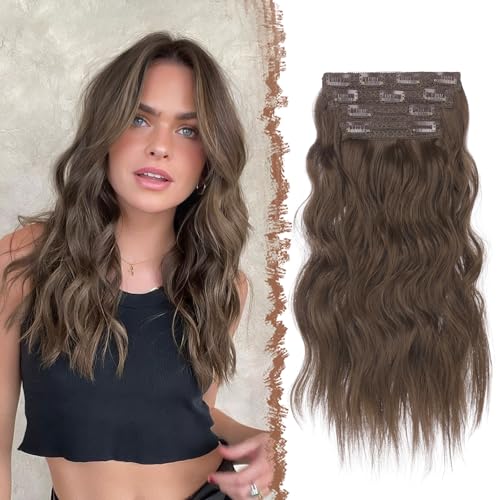 FESHFEN Clip in Extensions, 4PCs Lang Wellig Voller Kopf Haarverlängerungen mit Clips Synthetik Gewellt Kastanie Braun Haarextension Wavy Haar Extensions Clip in Haarteil für Damen 40 cm von FESHFEN