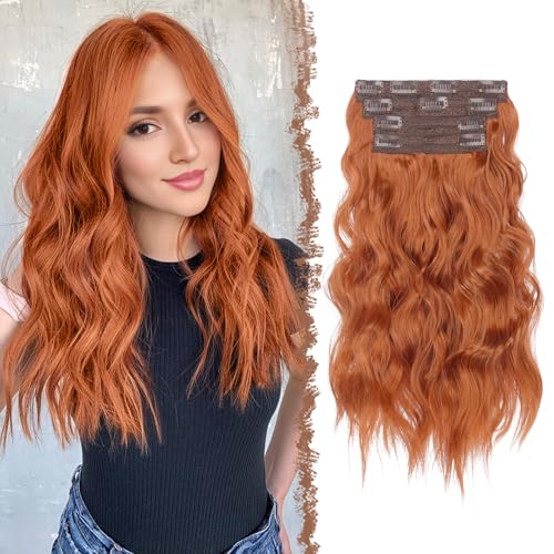 FESHFEN Clip in Extensions, 4PCs Lang Wellig Voller Kopf Haarverlängerungen mit Clips Synthetik Gewellt Kupferrot Haarextension Wavy Haar Extensions Clip in Haarteil für Damen 40 cm von FESHFEN