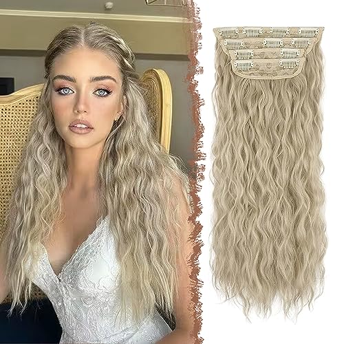 FESHFEN Clip in Extensions Wellen Haarverlängerung, 4 PCS Gewellt Aschblond Clip Haar Extensions Synthetik Locken Lang Extensions mit Clips Haarteile für Damen, 50 cm von FESHFEN