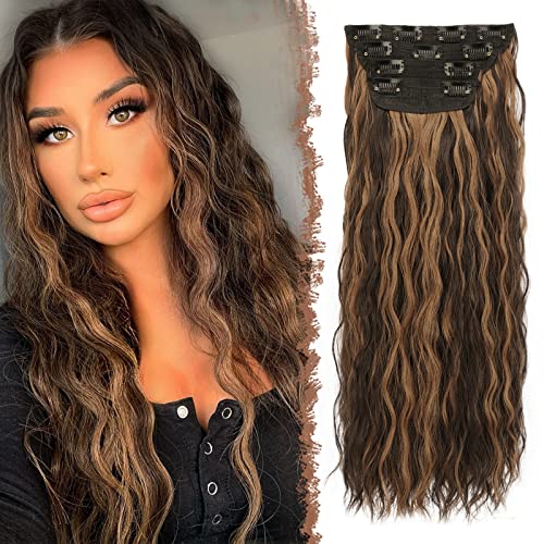 FESHFEN Clip in Extensions Wellen Haarverlängerung, 4 PCS Gewellt Clip Haar Extensions Synthetik Lang Haarextension Clips Balayage Haarteile für Damen, Braun Hervorgehoben Erdbeerblond 50 cm von FESHFEN