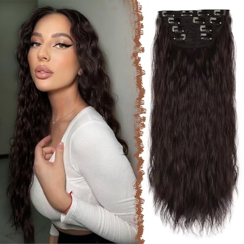 FESHFEN Clip in Extensions Wellen Haarverlängerung, 4 PCS Gewellt Dunkelbraun Clip Haar Extensions Synthetische Lang locken Haarextension Clips Haarteile für Damen, 50 cm von FESHFEN