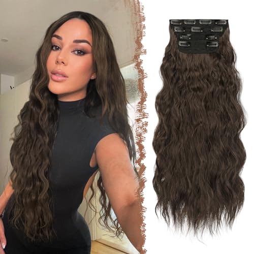 FESHFEN Clip in Extensions Wellen Haarverlängerung, 4 PCS Gewellt Lang Clip Haar Extensions Synthetik Haarextension Clips Haarteile für Damen, Braun & Hellbraun 50 cm von FESHFEN