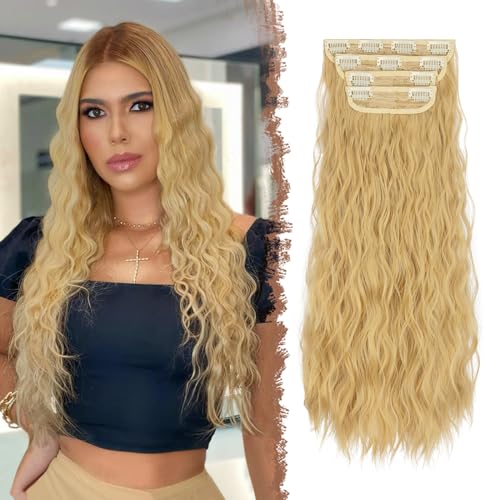 FESHFEN Clip in Extensions Wellen Haarverlängerung, 4 PCS Gewellt Lang Clip Haar Extensions Synthetik Haarextension Clips Haarteile für Damen, Helles Goldblond 50 cm von FESHFEN