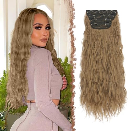 FESHFEN Clip in Extensions Wellen Haarverlängerung, 4 PCS Gewellt Lang Clip Haar Extensions Synthetik Haarextension Clips Haarteile für Damen, Helles Goldbraun 50 cm von FESHFEN