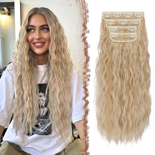 FESHFEN Clip in Extensions Wellen Haarverlängerung, 4 PCS Gewellt Lang Clip Haar Extensions Synthetik Haarextension Clips Haarteile für Damen, Honigblond & Platinblond 50 cm von FESHFEN