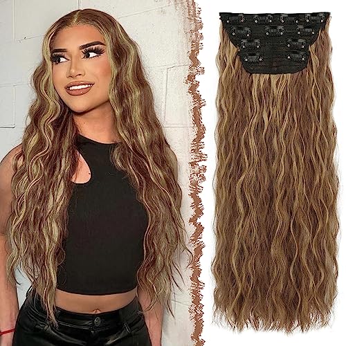 FESHFEN Clip in Extensions Wellen Haarverlängerung, 4 PCS Gewellt Lang Clip Haar Extensions Synthetik Haarextension Clips Haarteile für Damen, Rotbraun & Aschblond 50 cm von FESHFEN