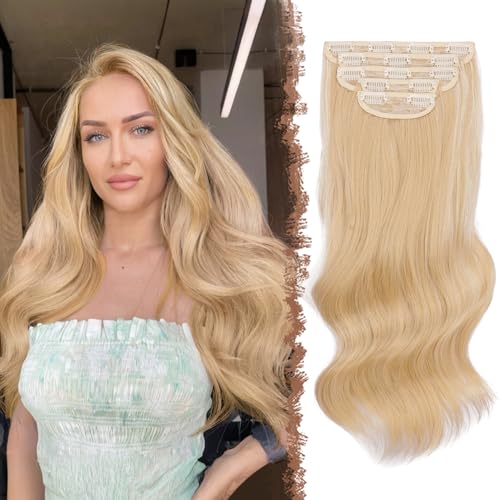 FESHFEN Clip in Extensions Wellig Haarverlängerung, 5 PCS Lang Gewellte Haarextension mit Clips Synthetik Haarteil Honigblond Gemischt Platinblond Haare Extension für Damen, 50 cm von FESHFEN