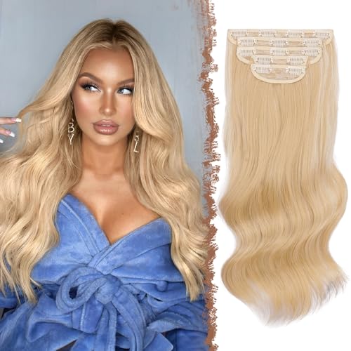 FESHFEN Clip in Extensions Wellig Haarverlängerung, 5 PCS Lang Gewellte Haarextension mit Clips Synthetik Haarteil Honigblond Gemischt Platinblond Haare Extension für Damen, 50 cm von FESHFEN