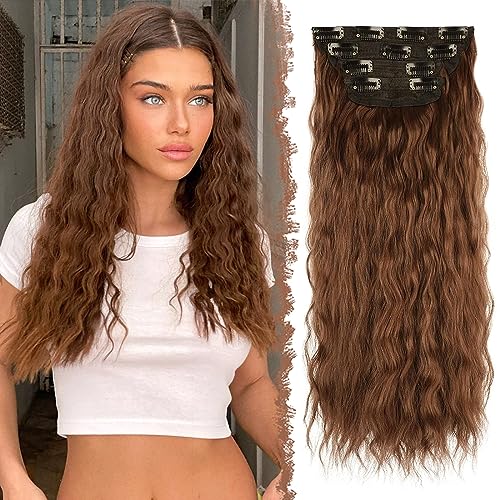 FESHFEN Clip in Haar Extensions Wellen Haarverlängerung, 4 PCS Gewellt Clip Haar Extensions Synthetik Lang Haarextension Clips Haarteile für Damen, Helles Rotbraun 50 cm von FESHFEN