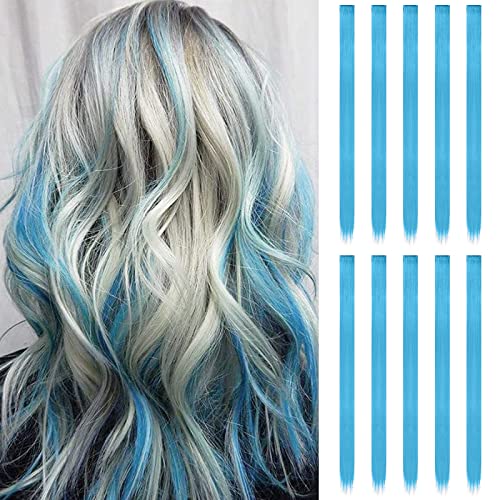 FESHFEN Farbige Haarverlängerung, 10 PCS Blau Haarteil für Damen Synthetik Party Highlight Synthetik Glatte Bunte Haarverlängerungen Clip in Extensions Haarteil für Frauen, 55cm von FESHFEN