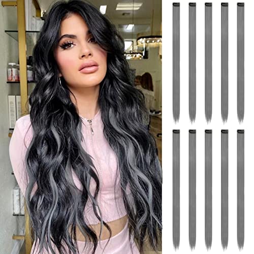 FESHFEN Farbige Haarverlängerung, 10 PCS Grau Haarteil für Damen Party Highlight Synthetik Glatte Bunte Haarverlängerungen Clip in Extensions Haarteil für Frauen, 55cm von FESHFEN