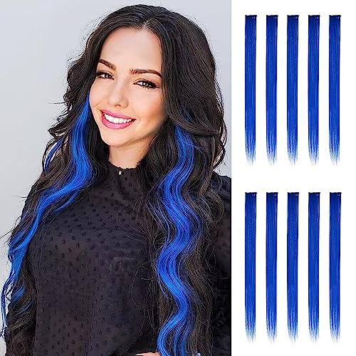 FESHFEN Farbige Haarverlängerung, 10 PCS Königsblau Haarteil für Damen Synthetik Party Highlight Bunte Glatte Haarverlängerungen Clip in Haarteil für Frauen, 55cm von FESHFEN