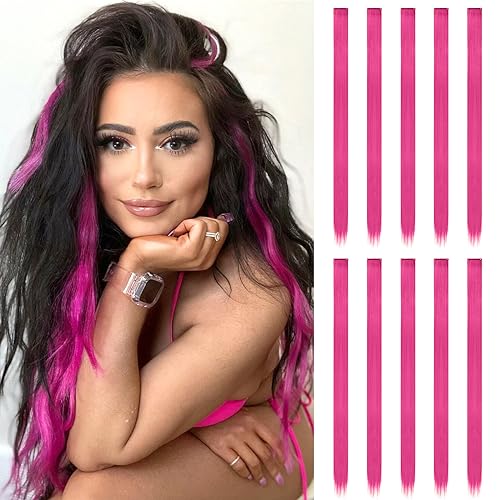 FESHFEN Farbige Haarverlängerung, 10 PCS Rose Haarteil für Damen Synthetik Party Highlight Synthetik Glatte Bunte Haarverlängerungen Clip in Extensions Haarteil für Frauen, 55cm von FESHFEN