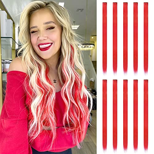 FESHFEN Farbige Haarverlängerung, 10 PCS Rot Haarteil für Damen Synthetik Party Highlight Bunte glatte Haarverlängerungen Clip in Haarteil für Frauen, 55cm von FESHFEN