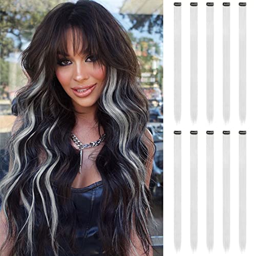 FESHFEN Farbige Haarverlängerung, 10 PCS Silber Haarteil für Damen Party Highlight Synthetik Glatte Bunte Haarverlängerungen Clip in Extensions Haarteil für Frauen, 55cm von FESHFEN