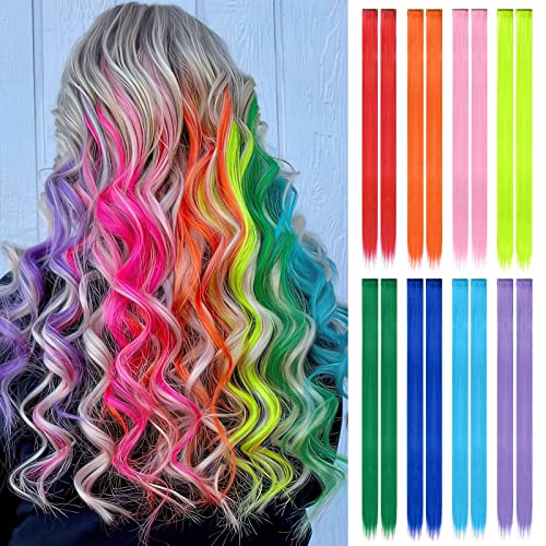 FESHFEN Farbige Haarverlängerung, 16 PCS 8 Farben Haarteil für Damen Synthetik Party Highlight Bunte Glatte Haarverlängerungen Clip in Haarteil für Frauen, 55cm von FESHFEN