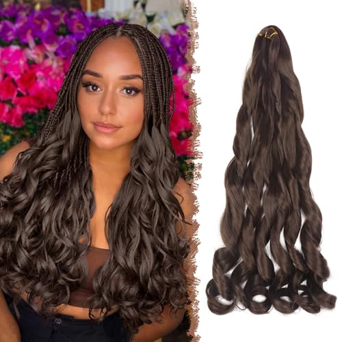 FESHFEN French Curls Braiding Hair Crochet Braids Extension 3 Packs Braun Loose Wave Bouncy Haarverlängerung Locken Kunsthaar Einflechten Pre Stretched Braided Extensions für Frauen, 60 cm 4# von FESHFEN