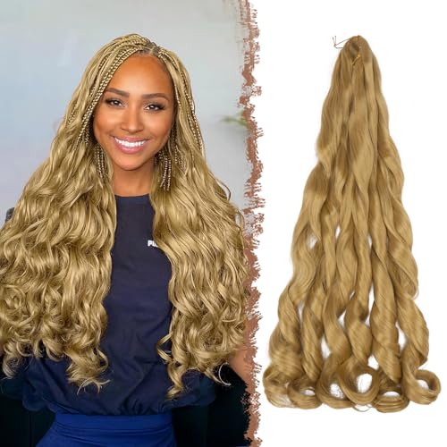 FESHFEN French Curls Braiding Hair Crochet Braids Extension 3 Packs Goldbraun Loose Wave Bouncy Haarverlängerung Locken Kunsthaar Einflechten Pre Stretched Braided Extensions für Frauen, 60 cm 27# von FESHFEN