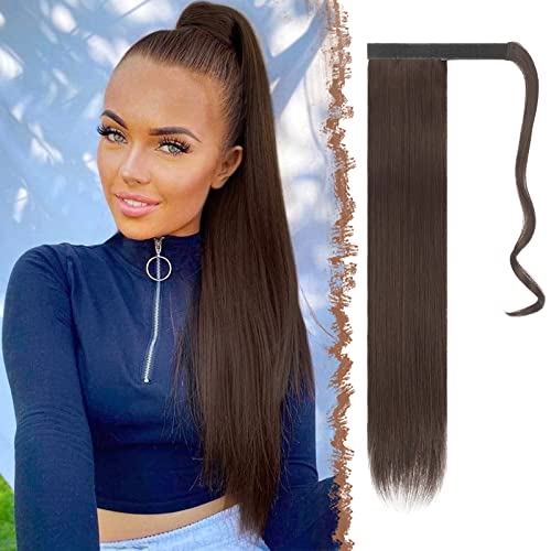 FESHFEN Lang Glattes Pferdeschwanz Haarteil Synthetik Haarverlängerung Zopf Haar Extension für Damen Mädchen, Rötliches Dunkelbraun 60 cm von FESHFEN