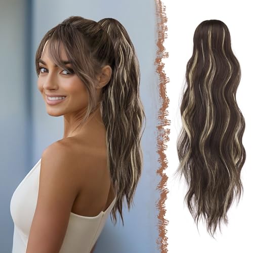 FESHFEN Gewellt Pferdeschwanz Haarteil mit Klammer, 50cm Pferdeschwanz Zopf Extensions Claw Clip in Wavy Ponytail Extension Synthetik Haarverlängerung für Frauen Damen Brünett Gemischt Blond von FESHFEN