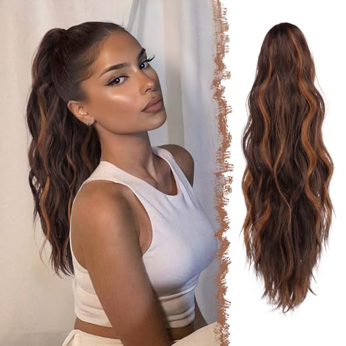 FESHFEN Gewellt Pferdeschwanz Haarteil mit Klammer, 50cm Pferdeschwanz Zopf Extensions Claw Clip in Wavy Ponytail Extension Synthetik Haarverlängerung für Frauen Damen Dunkelbraun und helles Rotbraun von FESHFEN