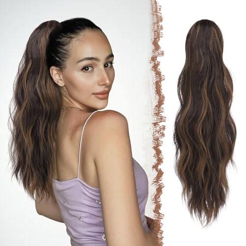 FESHFEN Gewellt Pferdeschwanz Haarteil mit Klammer, 50cm Pferdeschwanz Zopf Extensions Claw Clip in Wavy Ponytail Extension Synthetik Haarverlängerung für Frauen Damen Schwarz Braun Gemischt Hellbraun von FESHFEN