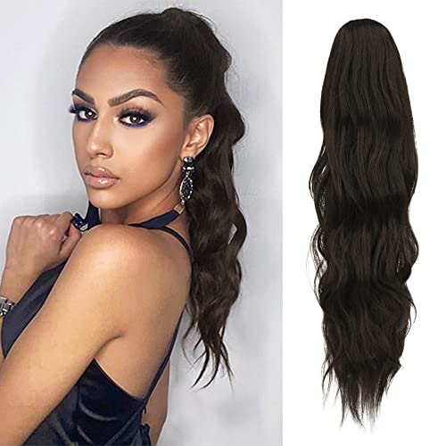 FESHFEN Gewellt Pferdeschwanz Haarteil mit Klammer, 50cm Pferdeschwanz Zopf Extensions Claw Clip in Wavy Ponytail Extension Synthetik Haarverlängerung für Frauen Damen Schwarz Braun von FESHFEN