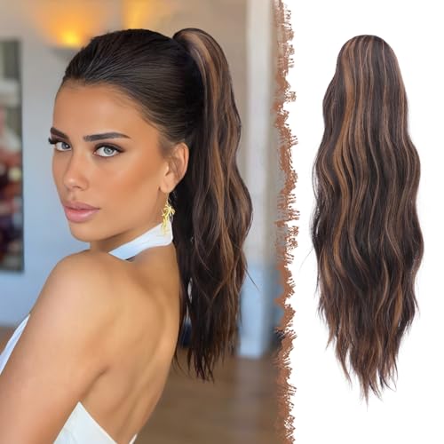 FESHFEN Gewellt Pferdeschwanz Haarteil mit Klammer, 50cm Pferdeschwanz Zopf Extensions Claw Clip in Wavy Ponytail Extension Synthetik Haarverlängerung für Frauen Damen Schwarz und Karamellbraun von FESHFEN