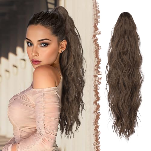 FESHFEN Gewellt Pferdeschwanz Haarteil mit Klammer, Cruly Lang Zopf Extensions Claw Clip in Wavy Ponytail Extension Synthetik Haarverlängerung für Frauen Damen 63cm Kastanie Braun von FESHFEN