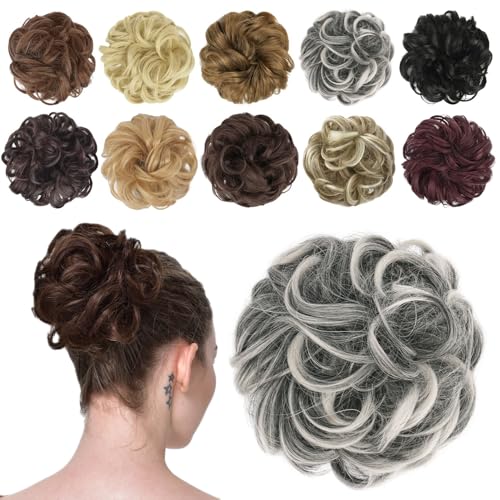 FESHFEN Haarteil Mit Gummiband, Dutt Haarteil Haargummi Mit Haaren Gelockt Haardutt Synthetisch Haar Haarverlängerung Pferdeschwanz Haarteile für Damen Mädchen, Schwarz, Grau und Weiß 42g von FESHFEN