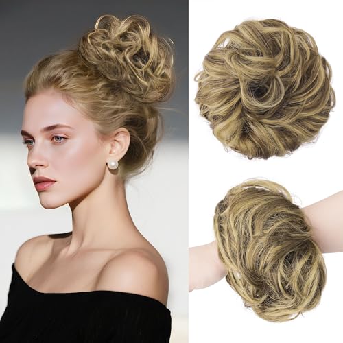 FESHFEN Haarteil Mit Gummiband, Dutt Haarteil Haargummi Mit Haaren Gelockt Haardutt Synthetisch Haar Haarverlängerung Pferdeschwanz Haarteile für Damen Mädchen, Aschbraun & Blond 55g von FESHFEN