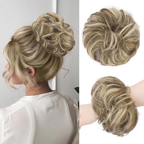 FESHFEN Haarteil Mit Gummiband, Dutt Haarteil Haargummi Mit Haaren Gelockt Haardutt Synthetisch Haar Haarverlängerung Pferdeschwanz Haarteile für Damen Mädchen, Brünette & Blond 55g von FESHFEN