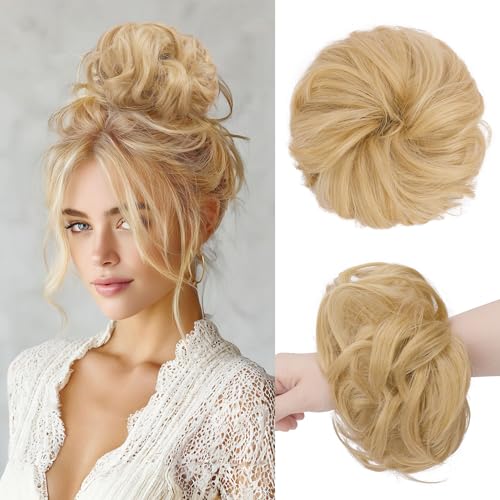 FESHFEN Haarteil Mit Gummiband, Dutt Haarteil Haargummi Mit Haaren Gelockt Haardutt Synthetisch Haar Haarverlängerung Pferdeschwanz Haarteile für Damen Mädchen, Champagner Blond 55g von FESHFEN