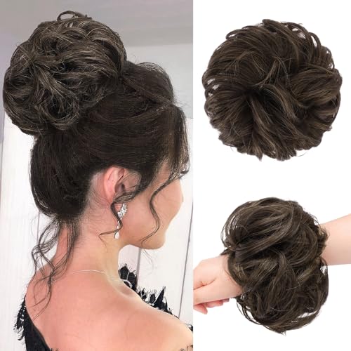 FESHFEN Haarteil Mit Gummiband, Groß Dutt Haarteil Haargummi Mit Haaren Gelockt Haardutt Braun Synthetisch Haarverlängerung Pferdeschwanz Haarteile für Damen, Schokobraun Gemischt Dunkelbraun 55g von FESHFEN