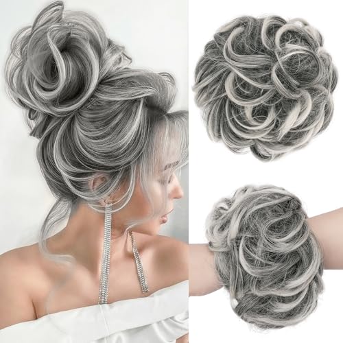 FESHFEN Haarteil Mit Gummiband, Groß Dutt Haarteil Haargummi Mit Haaren Gelockt Haardutt Synthetisch Haarverlängerung Pferdeschwanz Haarteile für Damen Mädchen, Schwarz, Grau und Weiß 55g von FESHFEN