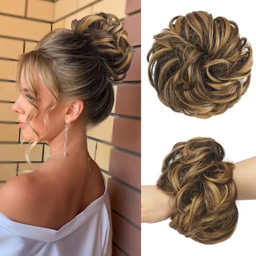 FESHFEN Haarteil Mit Gummiband, Groß Dutt Haarteil Haargummi Mit Haaren Gelockt Haardutt Synthetisch Haarverlängerung Pferdeschwanz Haarteile für Damen Mädchen, Schokoladenbraun Mix Karamellblond 55g von FESHFEN