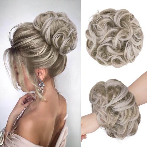 FESHFEN Haarteil Mit Gummiband, Groß Dutt Haarteil Haargummi Mit Haaren Gelockt Haardutt Synthetisch Haarverlängerung Pferdeschwanz Haarteile für Damen Mädchen, Silberblond 55g von FESHFEN