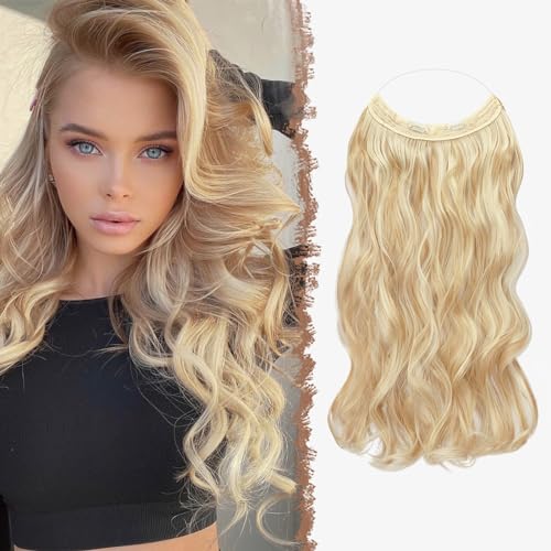 FESHFEN Invisible Hair Extensions Secrets Haarverlängerungen mit Draht Dunkelgoldene Mixed Beigeblond Synthetisch Verstellbar Lockiges Haar Langes Gewelltes Geheimes Haarteil für Frauen 45cm von FESHFEN