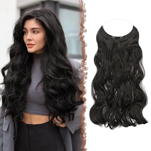 FESHFEN Invisible Hair Extensions Secrets Haarverlängerungen mit Draht Dunkelstes Braun Synthetisch Verstellbar Lockiges Haar Langes Gewelltes Geheimes Haarteil für Frauen 45cm von FESHFEN