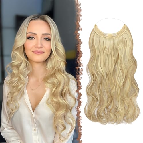 FESHFEN Invisible Hair Extensions Secrets Haarverlängerungen mit Draht Dunkles Aschblond Gemischtes Bleichblond Synthetisch Verstellbar Lockiges Haar Langes Gewelltes Geheimes Haarteil für Frauen 45cm von FESHFEN