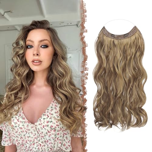 FESHFEN Invisible Hair Extensions Secrets Haarverlängerungen mit Draht Honigblond Gemischt Hellbraun Synthetisch Verstellbar Lockiges Haar Langes Gewelltes Geheimes Haarteil für Frauen 45cm von FESHFEN